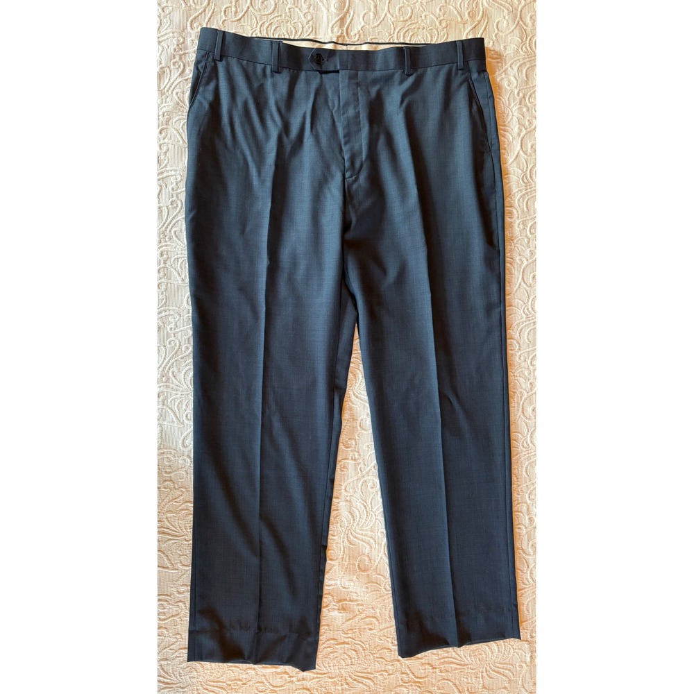 Paul Fredrick Men Navy 100% Wool Sharkskin Flat Front Dress Pants 44 PA7030L NEW